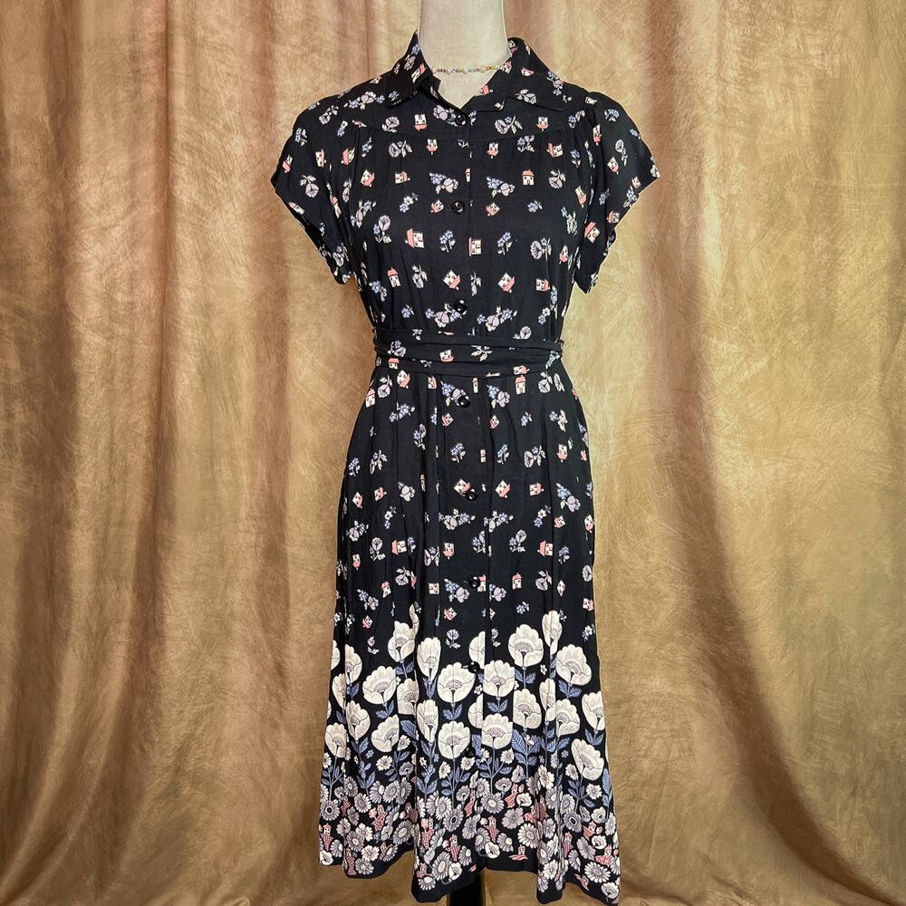 Vintage Folk Dress 70s Shirt Waist Button Up Floral Short Sleeve Cottage Grunge